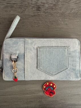Light Wash Denim Wristlet Wallet with Strawberry Charm -Mushroom can be added on